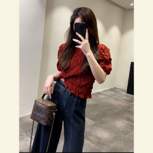 SHANGSHA | Fashionable Distinctive Red Women T-Shirt Short Sleeve