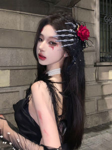 Lolita Halloween Skeleton Rose Dark Gothic Hair Accessories Red Wine Color Finger Hair Clips Womens Festival Performance Props