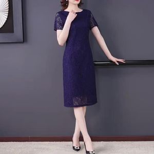 Impression fashion women elegant Korean style lace o-neck short sleeve slim high waist A-line plus size midi dress