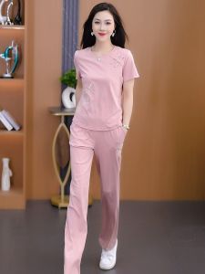 Fashionable Embroidered Button Design Short Sleeve Straight Leg Pants Two Piece Set Summer New Casual Sportswear Women