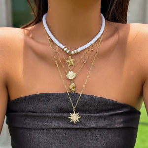 Bohemia Soft Pottery Beads Necklace Fashion Metal Star Sun Pendant Layered Chain Necklace Women Summer Beach Simple Neck Jewelry
