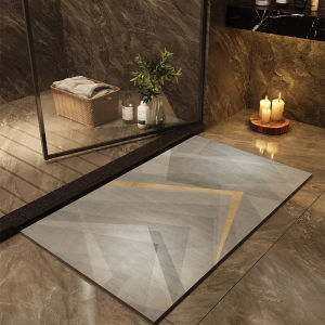 VIKAMA Grey Gold Geometric Bath Mat Super Absorbent Quick Dry Non-Slip Diatomite Bathroom Rug for Luxury Home Decor