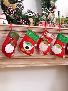 Christmas Stockings Socks With Santa Claus Snowman Elk Bear Printing Xmas Candy Gift Bag Fireplace Xmas Tree Decor New Year 2025