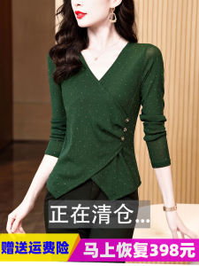 Cross V-neck Long Sleeve T-shirt Womens Mesh Base Shirt Shiny Thread Embellished Top Design Sensible Korean Style Blouse