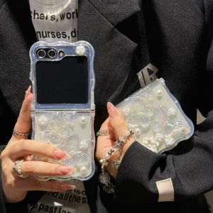 Rose Butterfly Phone Case For Samsung Galaxy Z Flip 6 5 4 3 Bracelet Wave Shockproof Cover For Samsung ZFlip7 With Lanyard Cover