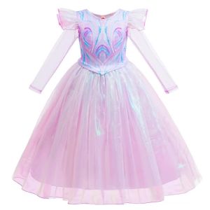 Girls Glinda Shiny Tulle Princess Dress Long Sheer Mesh Sleeve Ruffle Shoulder Gown for Birthday Halloween Party Cosplay