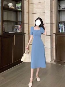 Lightly Mature Chic Special-Interest Design Age-Reducing French Retro Blue Long Square Collar Dress Children Summer New Arrival