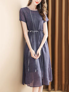 ชุดเดรสยาวปานกลางแขนสั้นผู้หญิง ฤดูร้อน 2025 ชุดเดรสสไตล์ฝรั่งเศสระดับไฮเอนด์ คอตั้ง สีสันสดใส กระโปรงทรงเอ