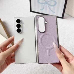 Electroplated Leather Phone Case for Samsung Galaxy Z Fold8 Ultra Fold 8 7 for MagSafe Magnetic Wireless Charge Protective Cover