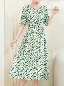 Floral Print Cotton Silk Dress Womens Summer Fashion Slimming Mom Short Sleeve Midi Length Skirt High Waist A-Line Dress