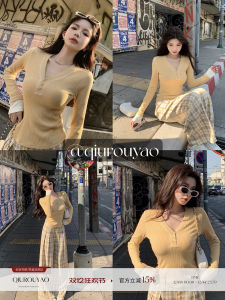 Qiu Rou Yao Casual V-Neck Knitwear Womens Slim Fit Color Block Top Spring New Style Comfortable Breathable Fashionable