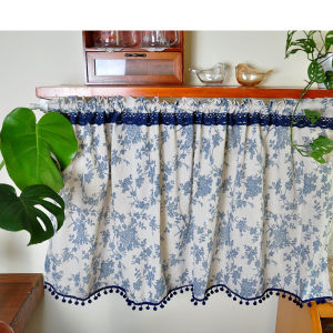 Rèm Ngắn Hoa Nhỏ Vải Lanh Cotton Kiểu Pháp Màu Xanh Rèm Cửa Phòng Bếp Rèm Cà Phê Không Cần Đục Lỗ Rèm Cửa Bằng Vải Cotton Polyester