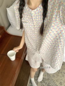 ฤดูร้อน หวาน สไตล์ ผู้หญิง ชุดนอน ชุดคอกลมแขนสั้น หลวม เสื้อผ้าบ้านพิมพ์ลาย Polka Dot สบาย ผ้าฝ้าย Blend