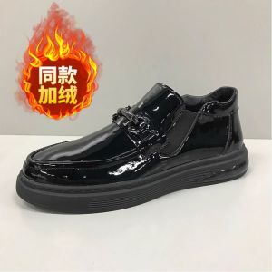 Glossy Mens Mid-Cut Casual Leather Shoes Thick Bottom Bean Bean Shoes Painted Leather Genuine Leather Spring Autumn Slip-On