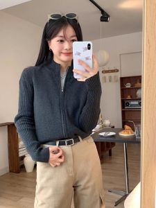 สไตล์อเมริกัน วินเทจ สีดำ ซิป ถัก คาร์ดิเกน เสื้อสเวตเตอร์ เสื้อโค้ท ฤดูใบไม้ร่วง ฤดูหนาว แขนสั้นสลิม เสื้อท่อนบน สําหรับผู้หญิง