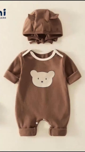 [Kèm mũ] Bodysuit dài tay cho bé Hình Gấu dễ thương body dài tay cho bé gái bé trai chất thun mẫu quần áo sơ sinh 0-12M