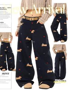 MZVZ | Quần Jeans Chân Rộng Thêu Hình Chó Phong Cách Hoài Cổ Mỹ Đơn Giản