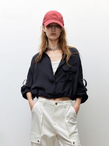 Only2025 Autumn New Loose Fit Womens Shirt Long Sleeve Crumpled Texture Drawstring Hem Collar Short Style Polyester Nylon