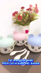 Mangkok Sendok Set Kartun Lucu Peralatan Makan Bayi Dan Anak Bentuk Karakter Cap Bear