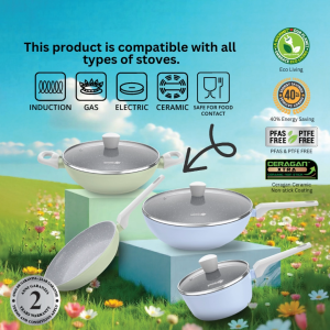 Shogun Smart 3pcs & 4pcs Non-Stick Set (IH) Induction Saucepan & Wok with Glass Lids | Induction Frypan & Wok | Kitchen Non-Stick Pots & Pans