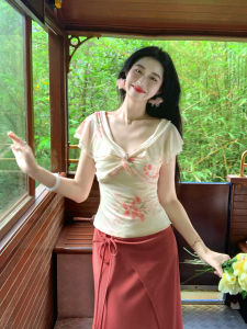 LINGQIAN | Floral Off-Shoulder Knot V-Neck French Dyed T-Shirt Top