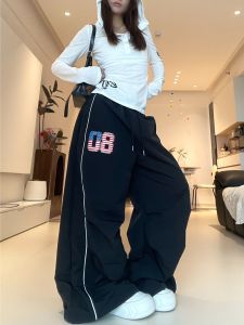 Quần Dài Thể Thao Thường Ngày Phong Cách Đường Phố Mỹ Cho Nữ Mùa Hè 2025 Quần Dài Ống Rộng Cạp Cao Rộng Rãi