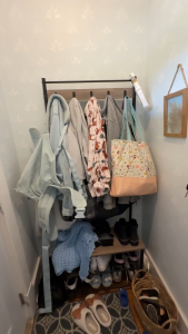 4-in-1 Coat Rack Shoe Bench Entryway Organizer with Hooks Storage Shelf Metal Frame Shoe Rack for Home Bedroom