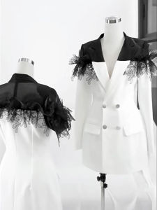 French Style Elegant Slimming Black and White Lace Floral Business Dress