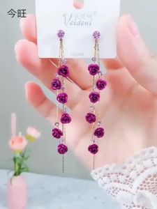 Retro Classic Rose Flower Tassel Drop Earring for Women Shiny Rhinestone Long Tassel Flowers Earring Wedding Party Jewelry