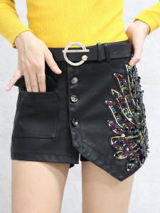 Váy Ngắn Bằng Da PU Lấp Lánh Cho Nữ Mùa Thu Đông 2025 Quần Ống Rộng Dáng Chữ a Váy Ngắn Cạp Cao Có Ren Trang Trí