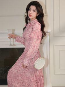 Org Long Sleeve round Neck Floral Midi Skirt Windbreaker Commute Style High Waist A-Line Dress Polyester Fiber Spring Summer Autumn Ladies Dress