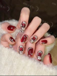 Nhựa Giả Móng Tay Hình Mắt Mèo Kim Cương Đỏ Thu Đông Sang Trọng Nhẹ Nhàng Màu Trắng Trang Trí Kim Cương Đỏ Mới Năm Mươi