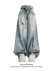 American Retro Lantern กางเกง สูง เอว หลวม Drape เดนิม กางเกงยีนส์ ผู้หญิง ฤดูร้อน สาวเผ็ด สตรีทสไตล์ ดีไซน์ รู กางเกงยีนส์ขาด
