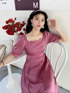 Original Whale Retro Bubble Sleeve Butterfly Knot Tea Break Dress Pink Petal Collar Satin Mid-Length A-Line Dress
