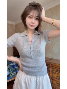 YUEZHONGWEI | American Style Shoulder Grey Polo Neck Ice Silk Knitted Short Sleeve T Shirt Women Summer Slimming Short Flip Collar Top