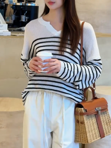 QINGNAER | Slouchy Black and White Striped Long Sleeve Knit Sweater Plus Size
