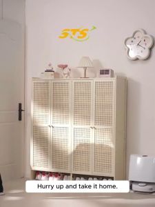 Cream Style Cabinet Bamboo 2/3/4Doors 7Layers Rattan Door Breathable Bamboo Shoe Cabinet Rack
