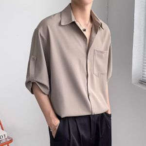 Premium Feel Ice Silk Mens Shirt Summer Thin Short Sleeve Loose Fit Casual Drapey Style Five to Seven Lengths Polyester Fiber