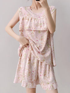 ชุดนอนผ้าไหมคอตตอนป้องกันจุดขึ้น กางเกงขาสั้นแขนกุด ชุดนอนสบายๆ สำหรับผู้หญิง ฤดูร้อน ปี 2025 ลายดอกไม้ สีสันสดใส