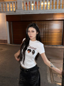 Chic Headline White Short Sleeve T-Shirt Womens Slim Fit Waist Cinched Short Top Korean Style Cotton Summer Moisture Wicking