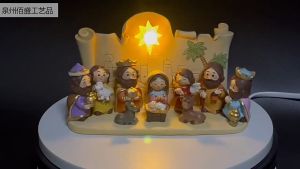 11PCS Christmas Belen Set For Christmas Decoration with LED Light Resin Artifacts Holy Family Statue Virgin Mary Figure Jesus Ornament Native Scene Xmas Tabletop Gift Ideas Tree
