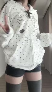 Áo Hoodie Nữ Y2K Nhật Bản Áo Hoodie Chấm Bi In Hình Mèo Áo Thun Có Mũ Trùm Đầu Bằng Vải Polyester Sang Trọng Cho Mùa Thu