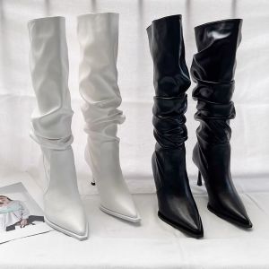 Womens Long Tube Boots White High Heel Slim Heel Autumn Winter Fashion Boots Sharp Point High Tube Boots Youth Rubber Outsole