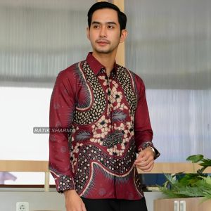 Sharma Kemeja Batik Pria Lengan Panjang BatuMaroon Formal SlimFit Casual Baju Batik Kantor Cowok New