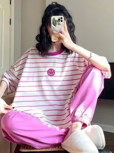 Summer Thin Modal Cotton Short Sleeve Pants Loose Casual plus Size Striped Home Clothes Two-Piece Set Comfortable round Neck