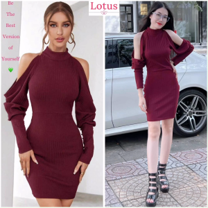Lotus Đầm Yếm Tay Dài Trễ Vai Màu Đỏ Rượu Nho Burgundy Sang Trọng Đầm Ôm Body Thun Gân Đẹp Đầm Dự Tiệc Cổ Yếm Đỏ Mận Váy Dáng Ôm Cho Nữ