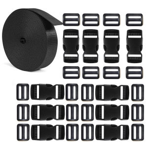 1 Inch Buckle Strap Set: 10 Yards Thick Nylon Webbing 10 Sets Quick Side Release Plastic Buckles 20 Tri-glide Slide Clips