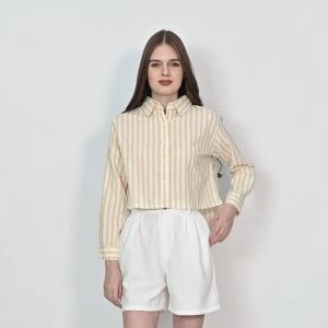 QUEENTIN Kemeja Crop Wanita 0365 Katun Yarn Dyed Motif Salur Lengan Panjang