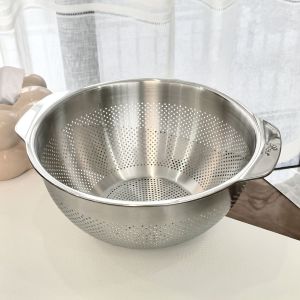 304 Stainless Steel Drain Basket Kitchen Vegetable Washing Basin Fruit Strainer Rice Washing Sieve 25cm Pure Color Chinese Style