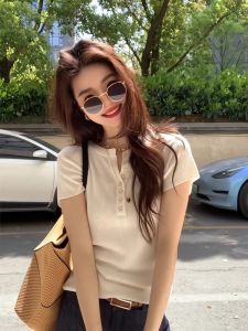White Ice Silk Short Sleeve T-Shirt Womens Summer Casual Knitted Top V-Neck Half Open Design Versatile Short Style Korean Version